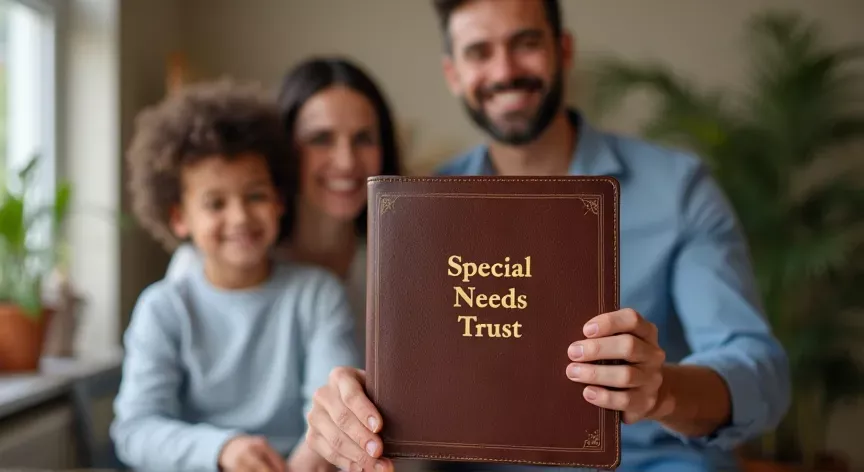 A family is sitting with a Child, the couple are holding up a brown leather binder with the words 'Special Needs Trust' Embossed gold foil inscribed.
