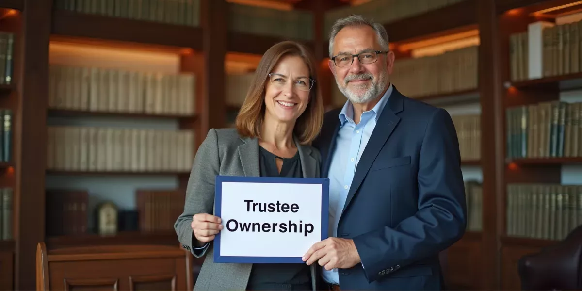 a middle aged married couple at a law office holding a binder that says 'trustee ownership'