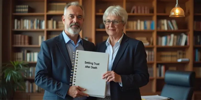 a sad middle aged married couple at a law office holding a binder that says 'settling a trust after death'
